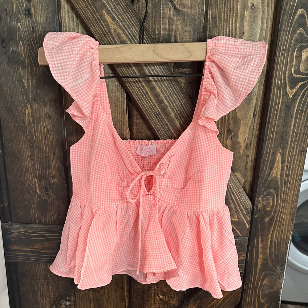 Pink Lily Pink Gingham Ruffle Blouse
